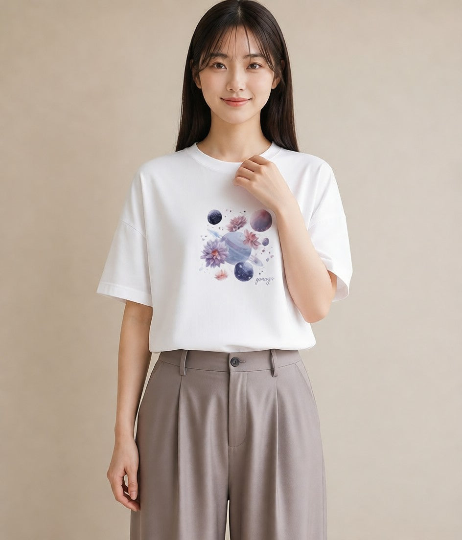 デザインTシャツ レディース 水瓶座 星空 宇宙 イラスト ナチュラル デート 帰省 白T YMAZO