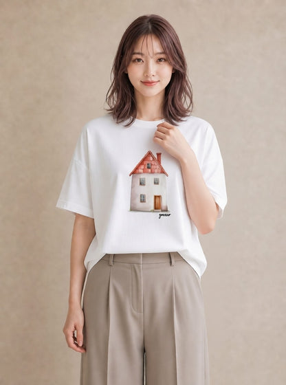 Tシャツ レディース 夕暮れ バルコニー 夕焼け ナチュラル アンティーク イラスト ボタニカル 部屋着 女性向けギフト 白T YMAZO