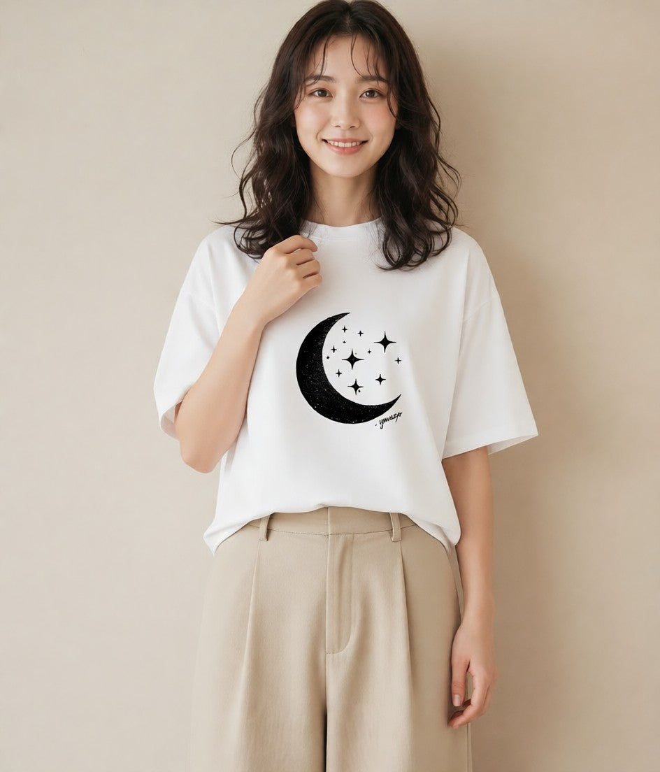 Tシャツ レディース 月と星 星空 ムーン イラスト モード 姉妹 送別ギフト 白T YMAZO