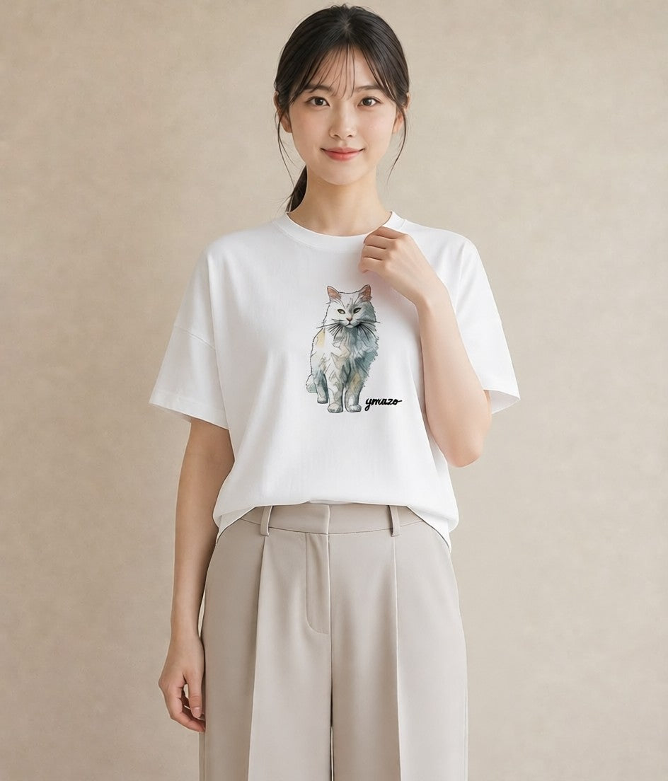 Tシャツ レディース ねこ 猫 ネコ イラスト ラフカジュアル デイリーウェア 休日 白T YMAZO