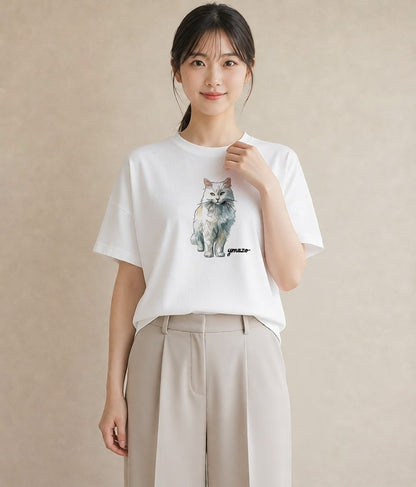 Tシャツ レディース ねこ 猫 ネコ イラスト ラフカジュアル デイリーウェア 休日 白T YMAZO