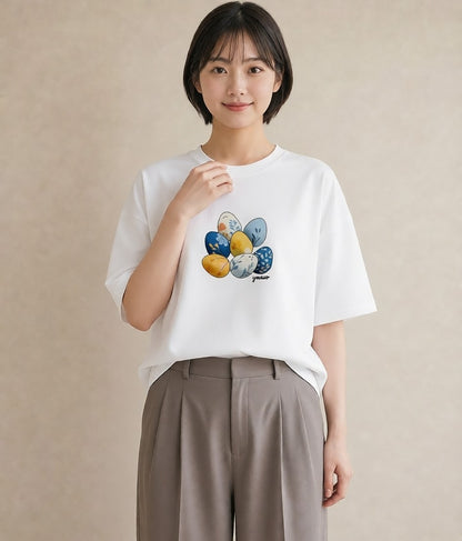 Tシャツ レディース たまご 食べ物 フード イラスト 上品 女子会 お揃い 白T YMAZO