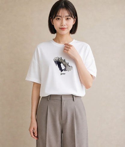 Tシャツ レディース 桟橋 水辺 波止場 ナチュラル アンティーク イラスト お洒落 帰省 ラフ 白T YMAZO