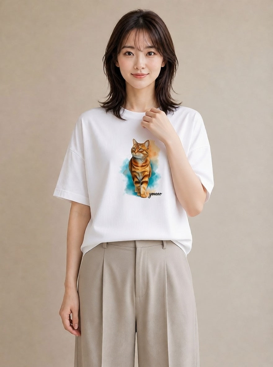 デザインTシャツ レディース おすわり猫 猫 ねこ イラスト 上品 カジュアルコーデ 買い物 白T YMAZO