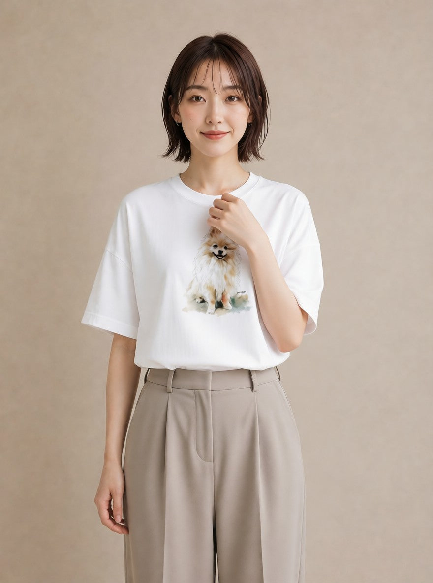 Tシャツ レディース 愛犬 犬 いぬ イラスト きれいめカジュアル 普段着 週末コーデ 白T YMAZO