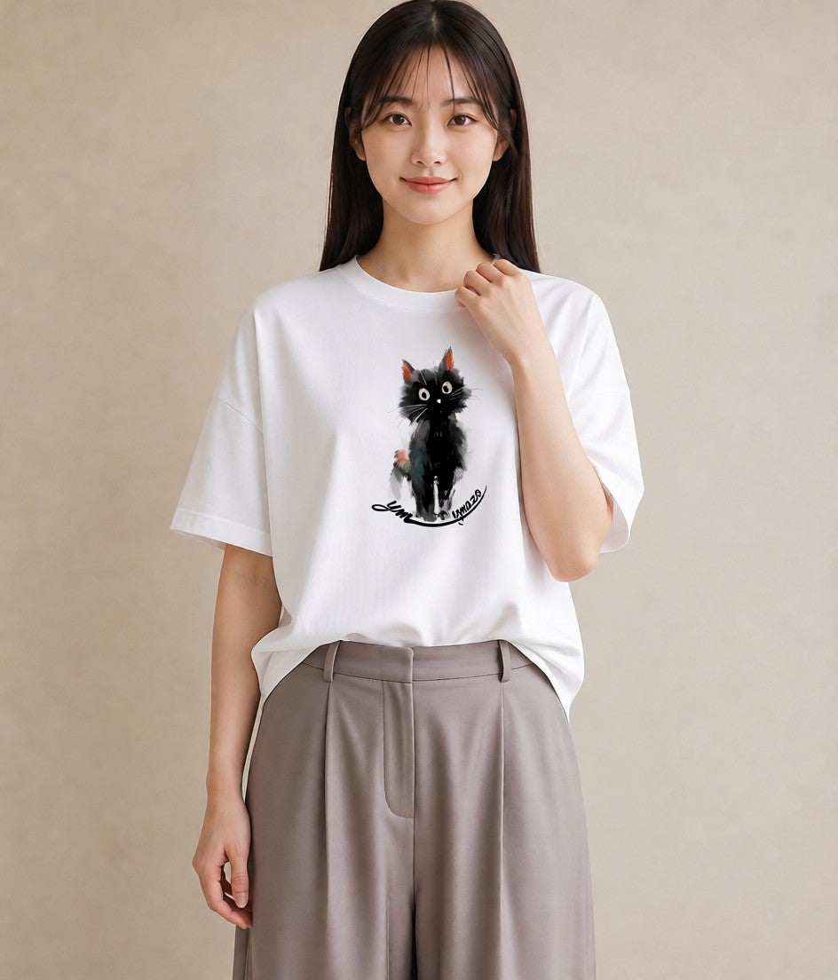 Tシャツ レディース ハチワレ 白黒猫 猫 ねこ イラスト きれいめカジュアル 帰省 ラフ 白T YMAZO