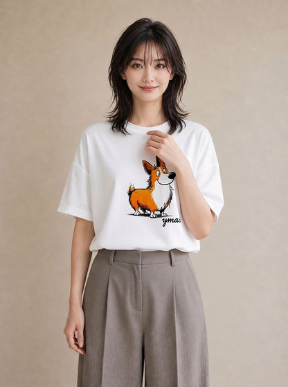 半袖Tシャツ レディース ウェルシュコーギー コーギー 犬 いぬ イラスト 上品 春服 ミセス 白T YMAZO
