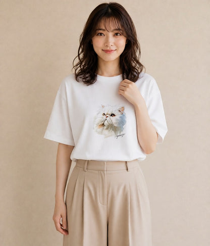 Tシャツ レディース エキゾチックショートヘア 猫 ねこ イラスト 韓国風 ママ カフェ服 白T YMAZO