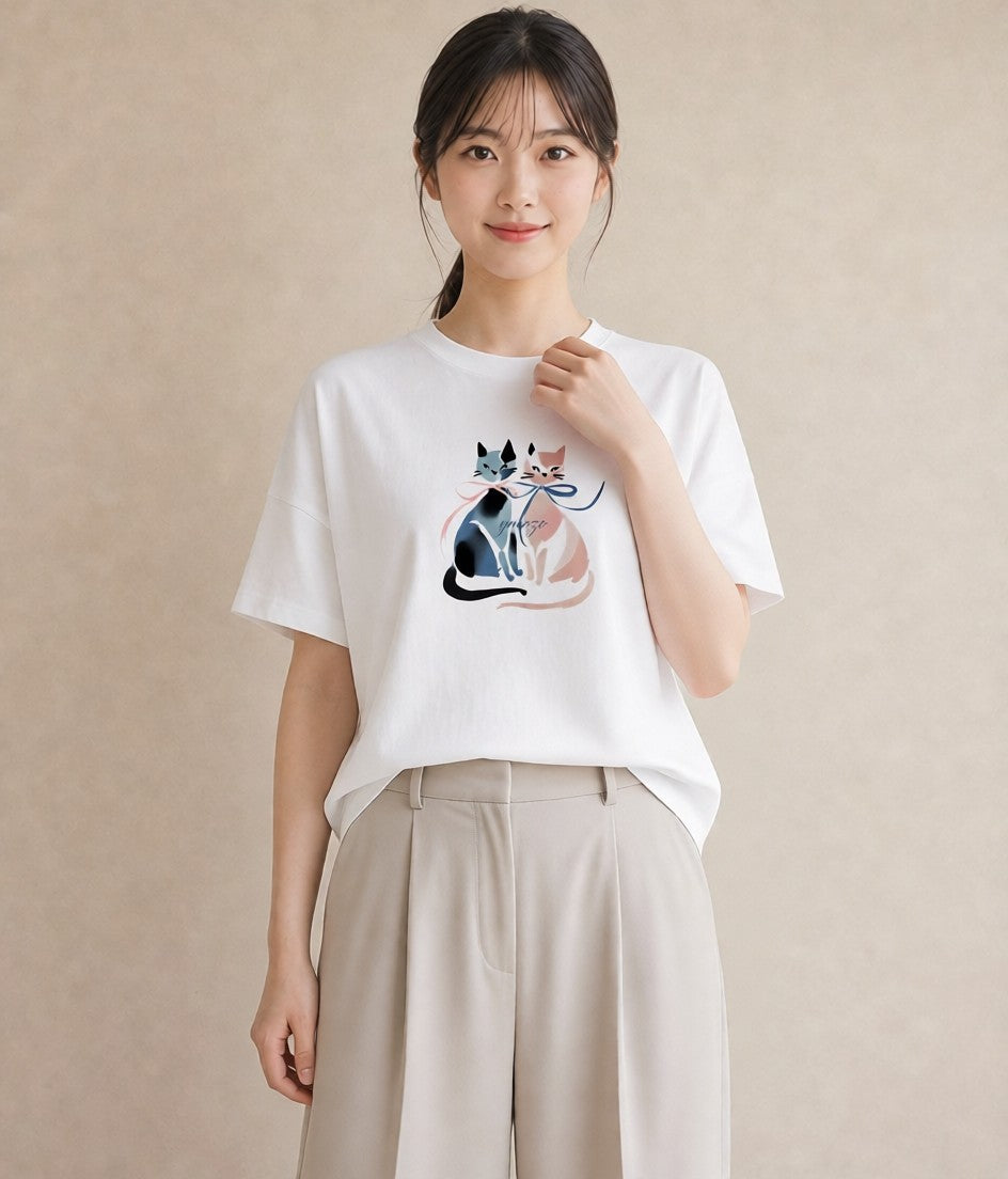 Tシャツ レディース シャム柄 猫 ねこ イラスト レトロ 女子会 お揃い 白T YMAZO