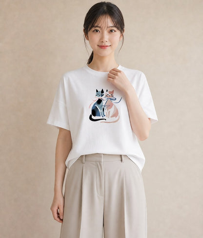 Tシャツ レディース シャム柄 猫 ねこ イラスト レトロ 女子会 お揃い 白T YMAZO