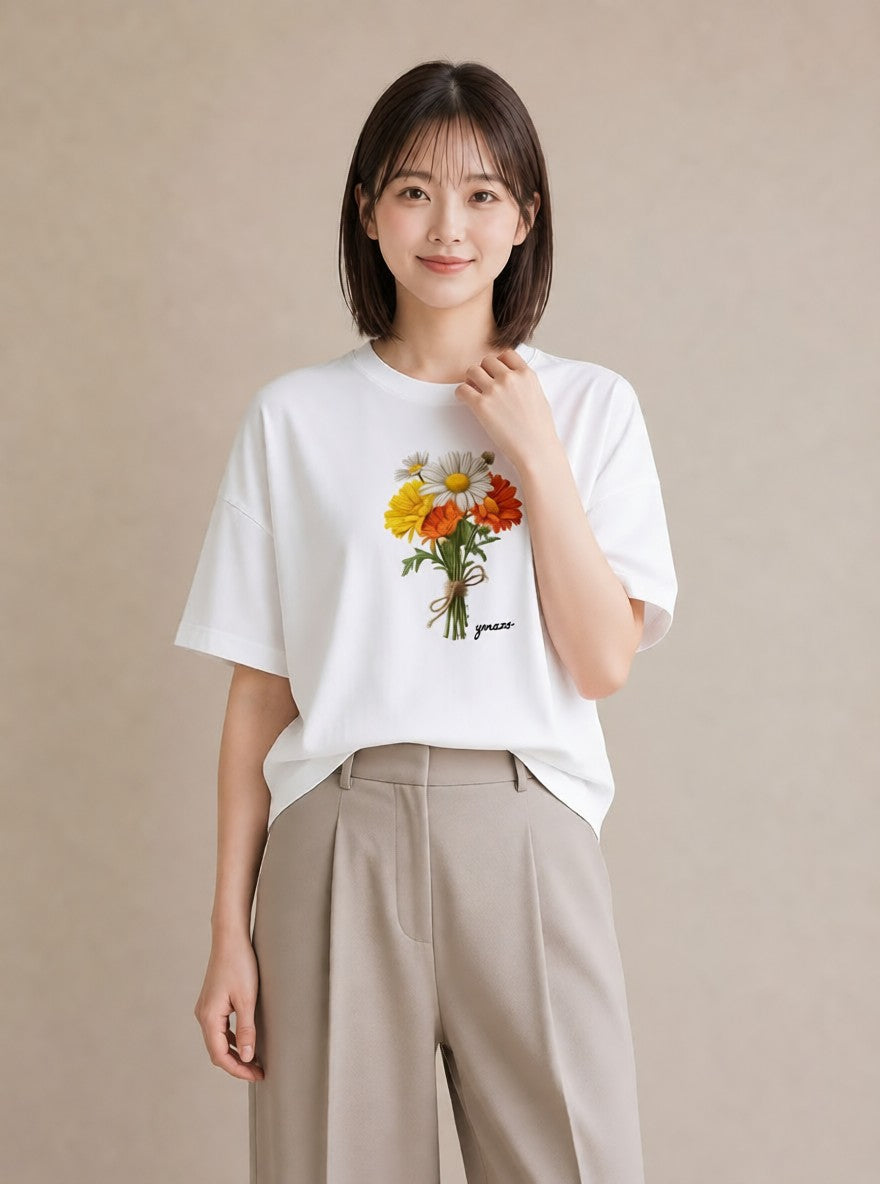 デザインTシャツ レディース マーガレット 花 花柄 イラスト 上品 社会人 女性 白T YMAZO