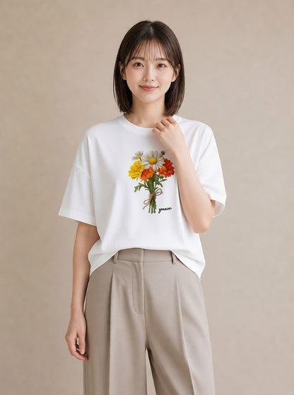 デザインTシャツ レディース マーガレット 花 花柄 イラスト 上品 社会人 女性 白T YMAZO
