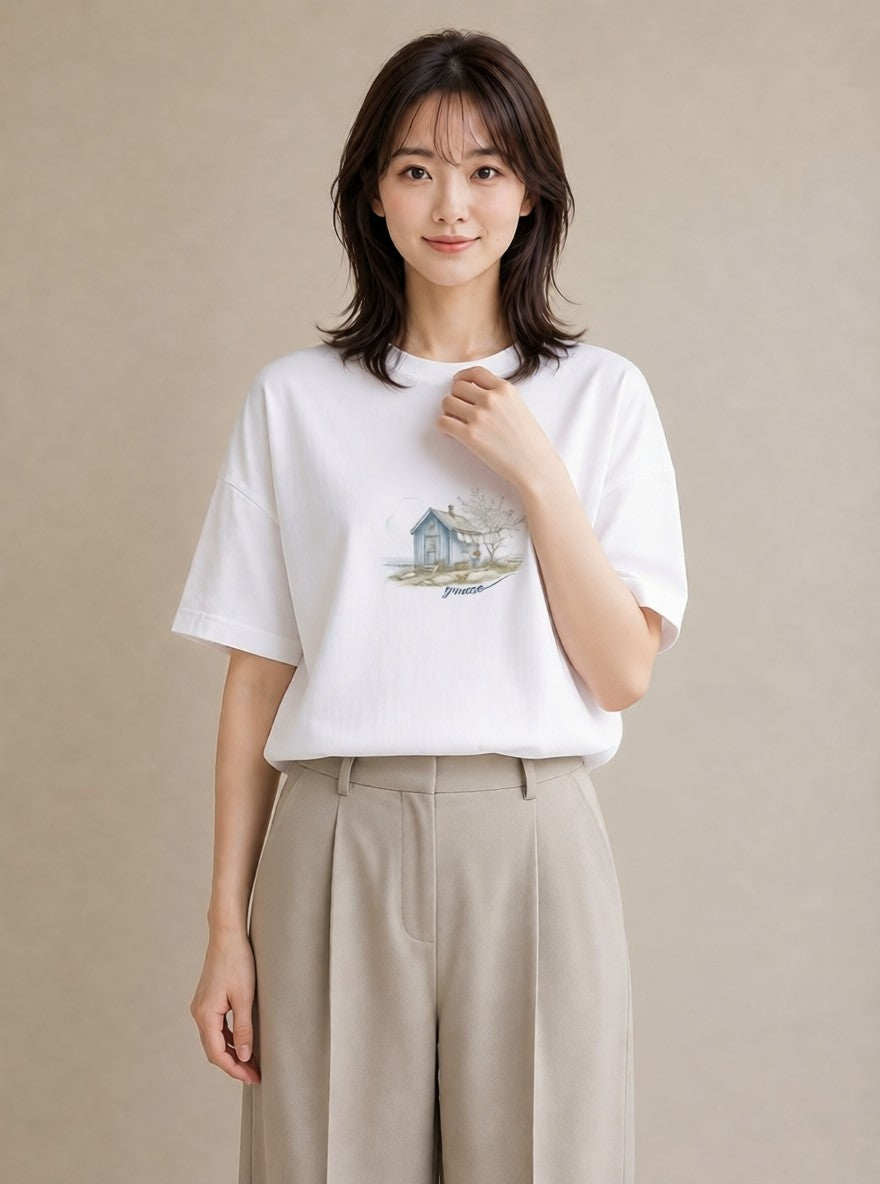 プリントTシャツ レディース 湖畔の小屋 湖 小屋 ナチュラル アンティーク イラスト 可愛い レイヤード 友達ギフト 白T YMAZO