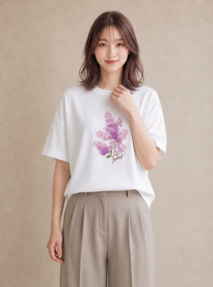半袖Tシャツ レディース ラベンダー 花 花柄 イラスト 散歩 お出かけ 白T