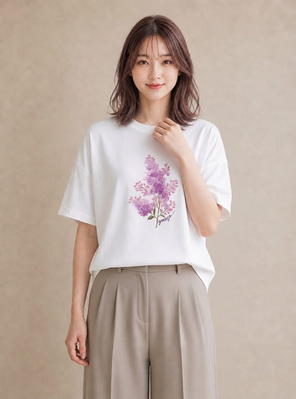 半袖Tシャツ レディース ラベンダー 花 花柄 イラスト 散歩 お出かけ 白T