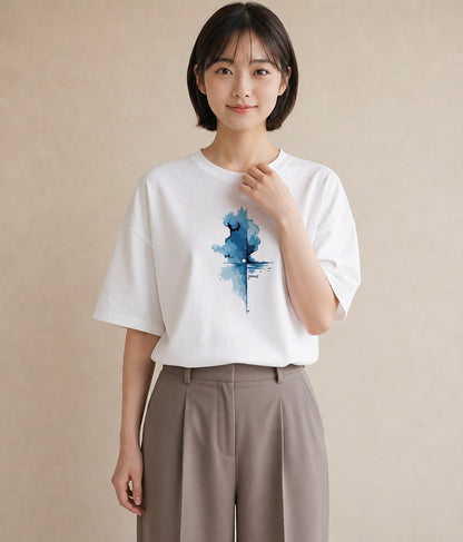 Tシャツ レディース 傘 水たまり 雨 ナチュラル アンティーク イラスト ガーリー おしゃれギフト 社会人 白T YMAZO