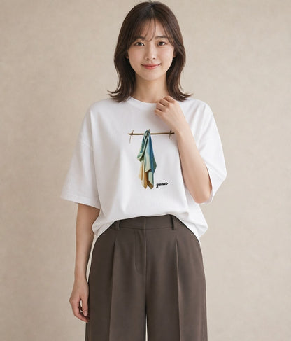 プリントTシャツ レディース 洗濯物 風 ナチュラル アンティーク イラスト ガーリー カフェ巡り 女子会 白T YMAZO