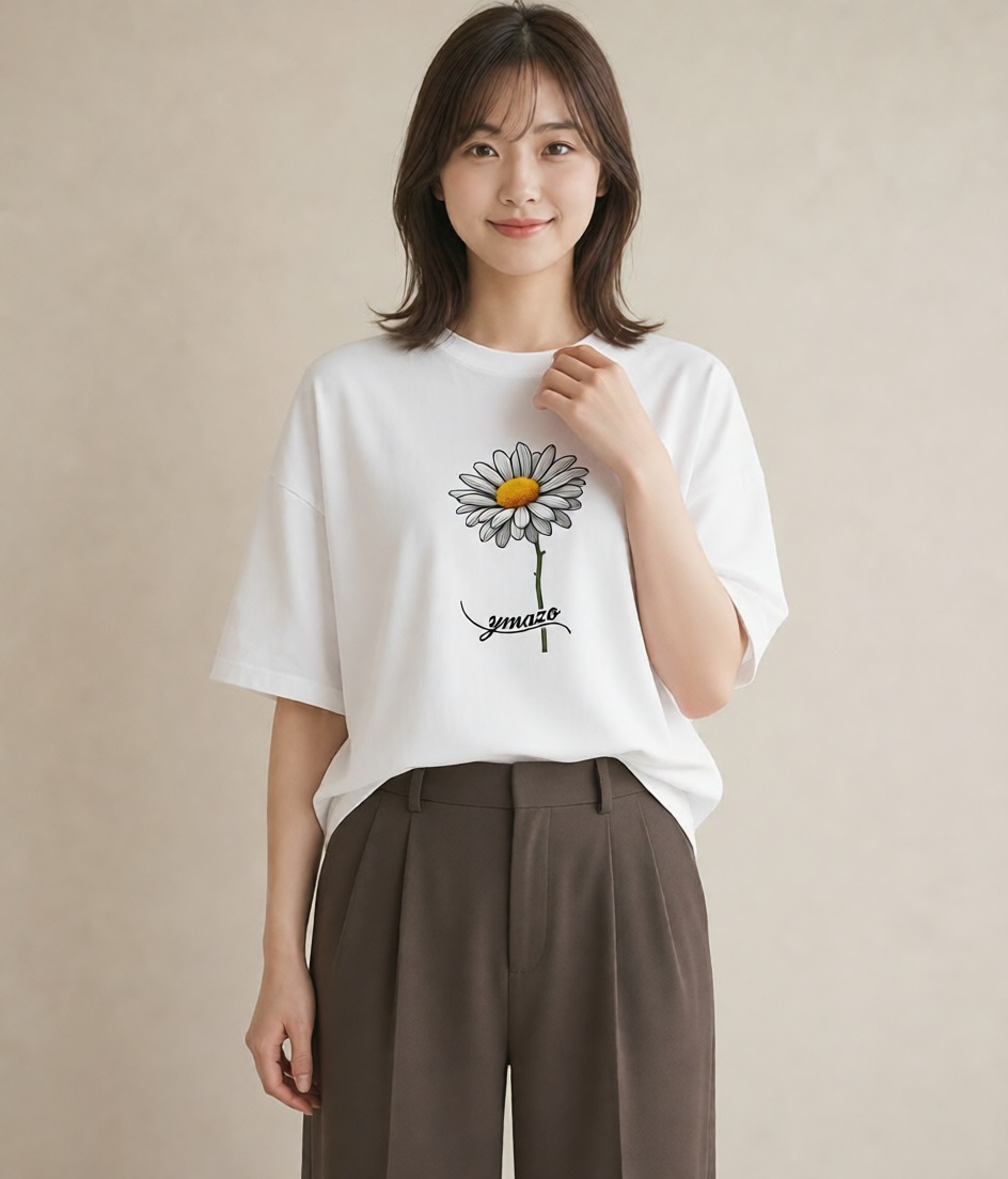 グラフィックTシャツ レディース マーガレット 花 花柄 イラスト ユニーク 普段着 週末コーデ 白T
