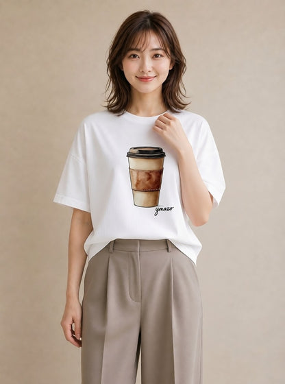 Tシャツ レディース カフェオレ 食べ物 フード イラスト 個性的 通学 誕生日プレゼント 白T YMAZO