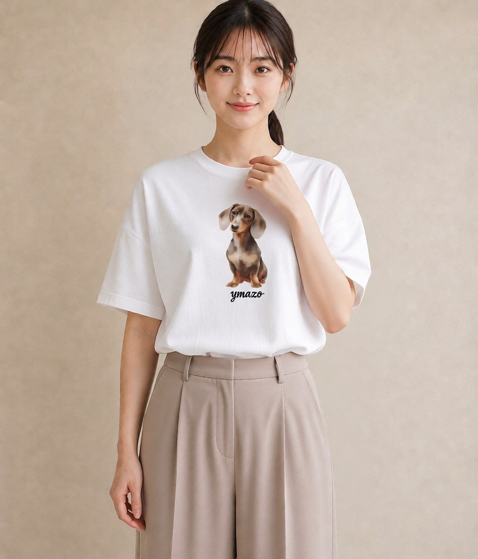 プリントTシャツ レディース ミニチュアダックスフンド 犬 いぬ イラスト ポップ 夏コーデ 通学 白T YMAZO