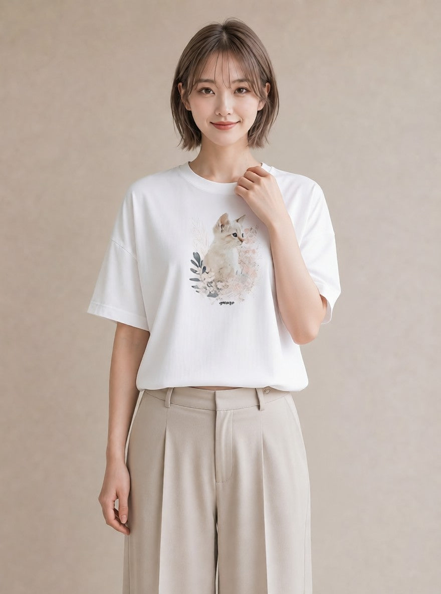 プリントTシャツ レディース シャム柄 猫 ねこ イラスト シンプル 女性向けギフト 散歩 白T YMAZO