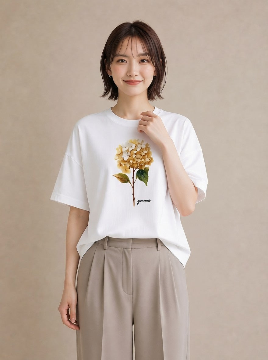 デザインTシャツ レディース あじさい 紫陽花 アジサイ 花 花柄 イラスト シンプル 海 カフェ巡り 白T YMAZO