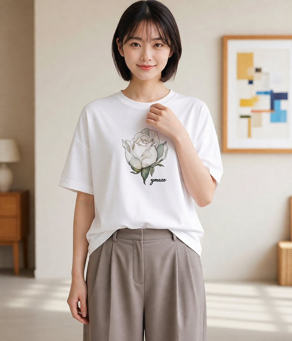 半袖Tシャツ レディース 椿 花 花柄 イラスト 上品 誕生日プレゼント 綿100 白T