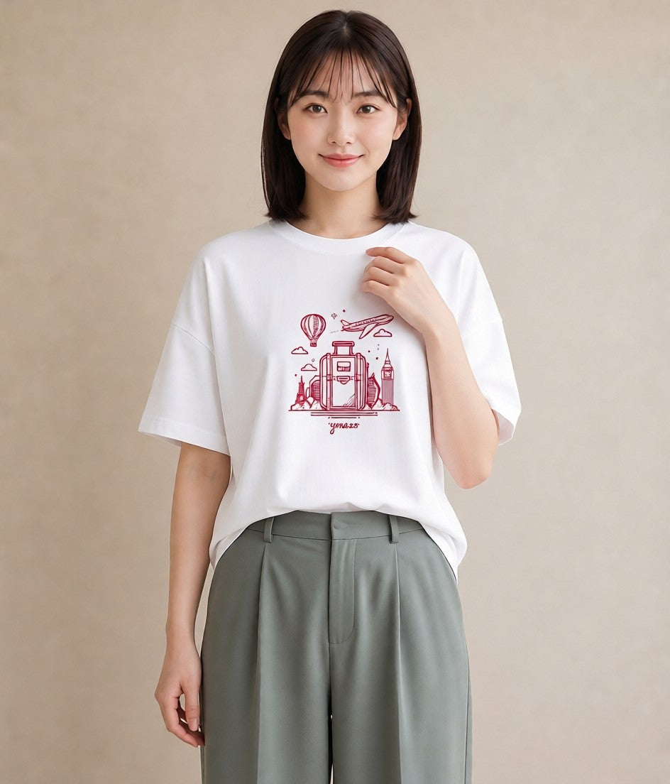 半袖Tシャツ レディース 旅 トラベル スタンプ イラスト 上品 春服 ミセス 白T YMAZO