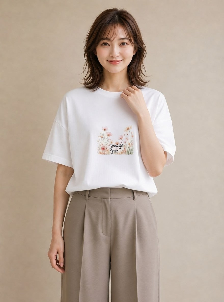 グラフィックTシャツ レディース コスモス 秋桜 花 花柄 イラスト ギフト 母の日 白T YMAZO