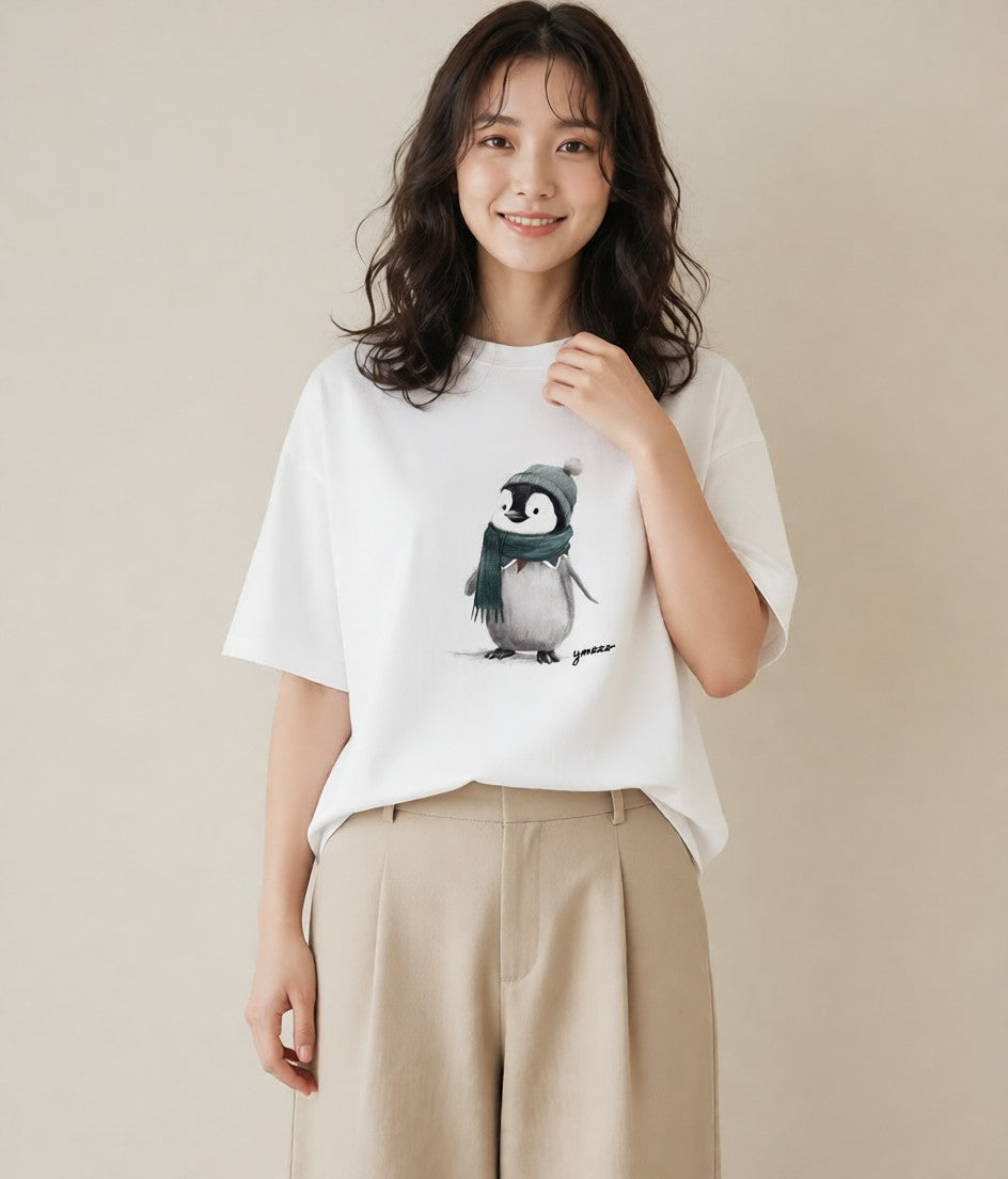 プリントTシャツ レディース コウテイペンギン 動物 アニマル イラスト ユニーク 親子 20代 白T YMAZO