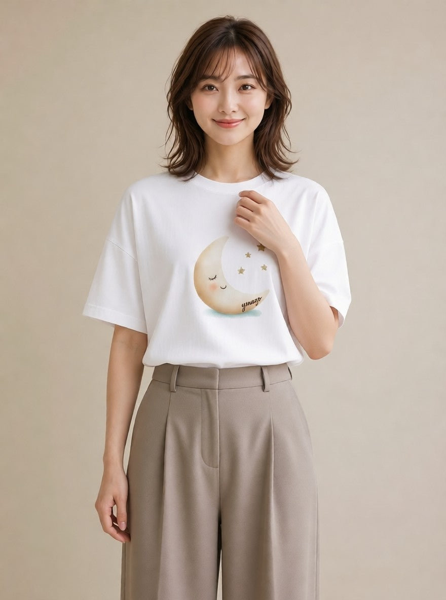 グラフィックTシャツ レディース 月 星空 宇宙 イラスト ヴィンテージ風 部屋着 女性向けギフト 白T YMAZO