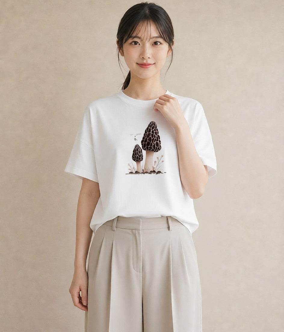 グラフィックTシャツ レディース きのこ 植物 ボタニカル イラスト シック ビーチ デイリーウェア 白T YMAZO