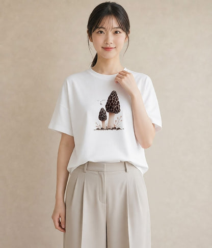 グラフィックTシャツ レディース きのこ 植物 ボタニカル イラスト シック ビーチ デイリーウェア 白T YMAZO