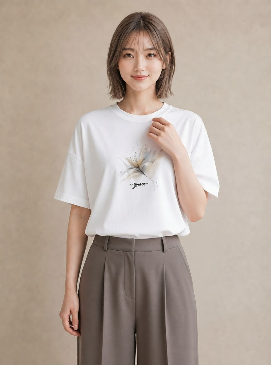 プリントTシャツ レディース ゆり 百合 花 花柄 イラスト 可愛い カジュアルコーデ 買い物 白T YMAZO
