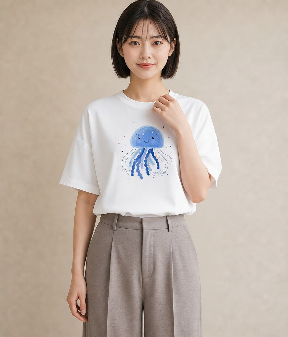 Tシャツ レディース くらげ クラゲ 海の生き物 海 イラスト 抜け感 デイリーウェア 休日 白T YMAZO