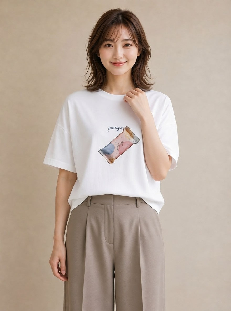 Tシャツ レディース アイス 食べ物 フード イラスト 普段使い 散歩 お出かけ 白T YMAZO