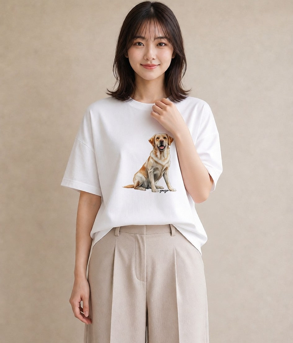 Tシャツ レディース ラブラドールレトリバー 犬 いぬ イラスト ヴィンテージ風 カフェ巡り 女子会 白T YMAZO