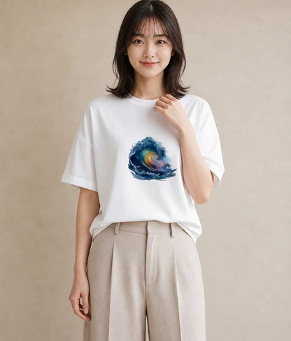 Tシャツ レディース 波 星空 宇宙 イラスト ミニマル 女性 旅行用 白T YMAZO