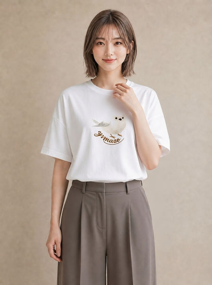 プリントTシャツ レディース シロフクロウ 動物 アニマル イラスト 韓国風 ホワイトデー 春服 白T YMAZO