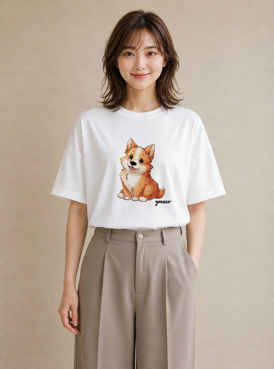 Tシャツ レディース ウェルシュコーギー コーギー 犬 いぬ イラスト シンプル デイリーウェア 休日 白T YMAZO