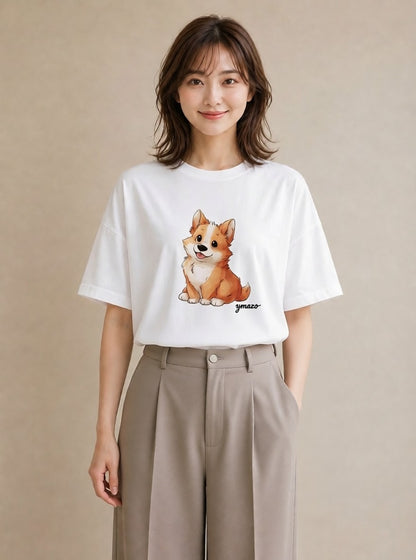 Tシャツ レディース ウェルシュコーギー コーギー 犬 いぬ イラスト シンプル デイリーウェア 休日 白T YMAZO