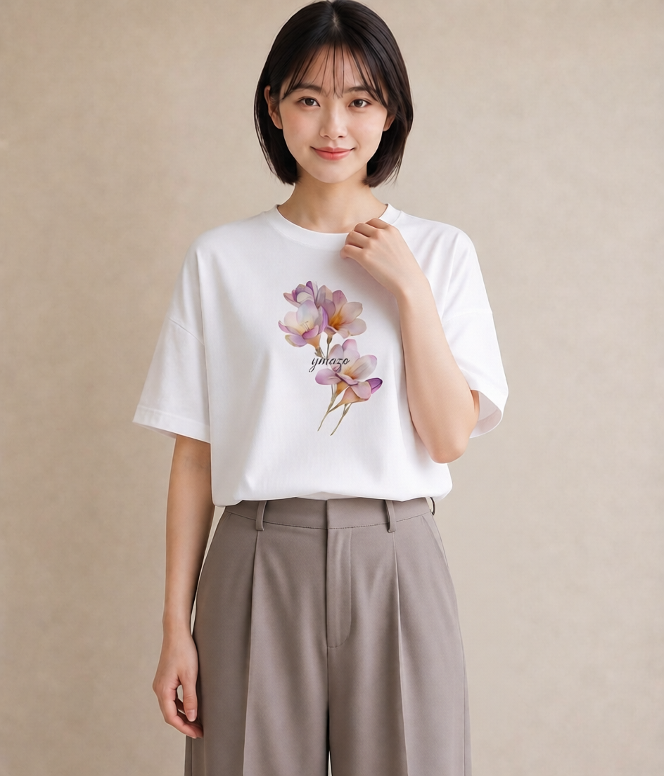 プリントTシャツ レディース チューリップ 花 花柄 イラスト きれいめカジュアル カジュアルコーデ 買い物 白T YMAZO