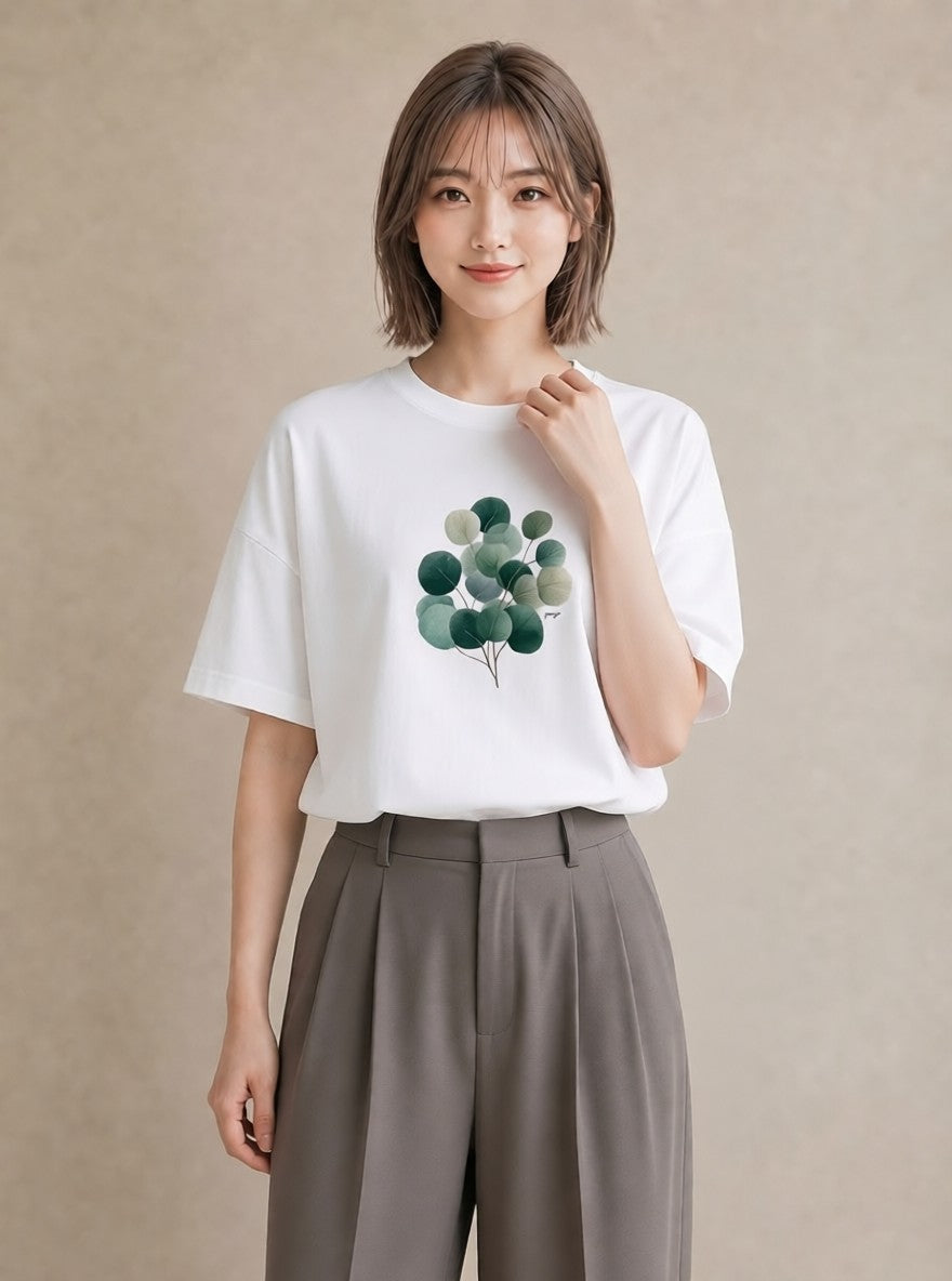 プリントTシャツ レディース 葉っぱ 植物 ボタニカル イラスト シンプル デイリーウェア 休日 白T YMAZO