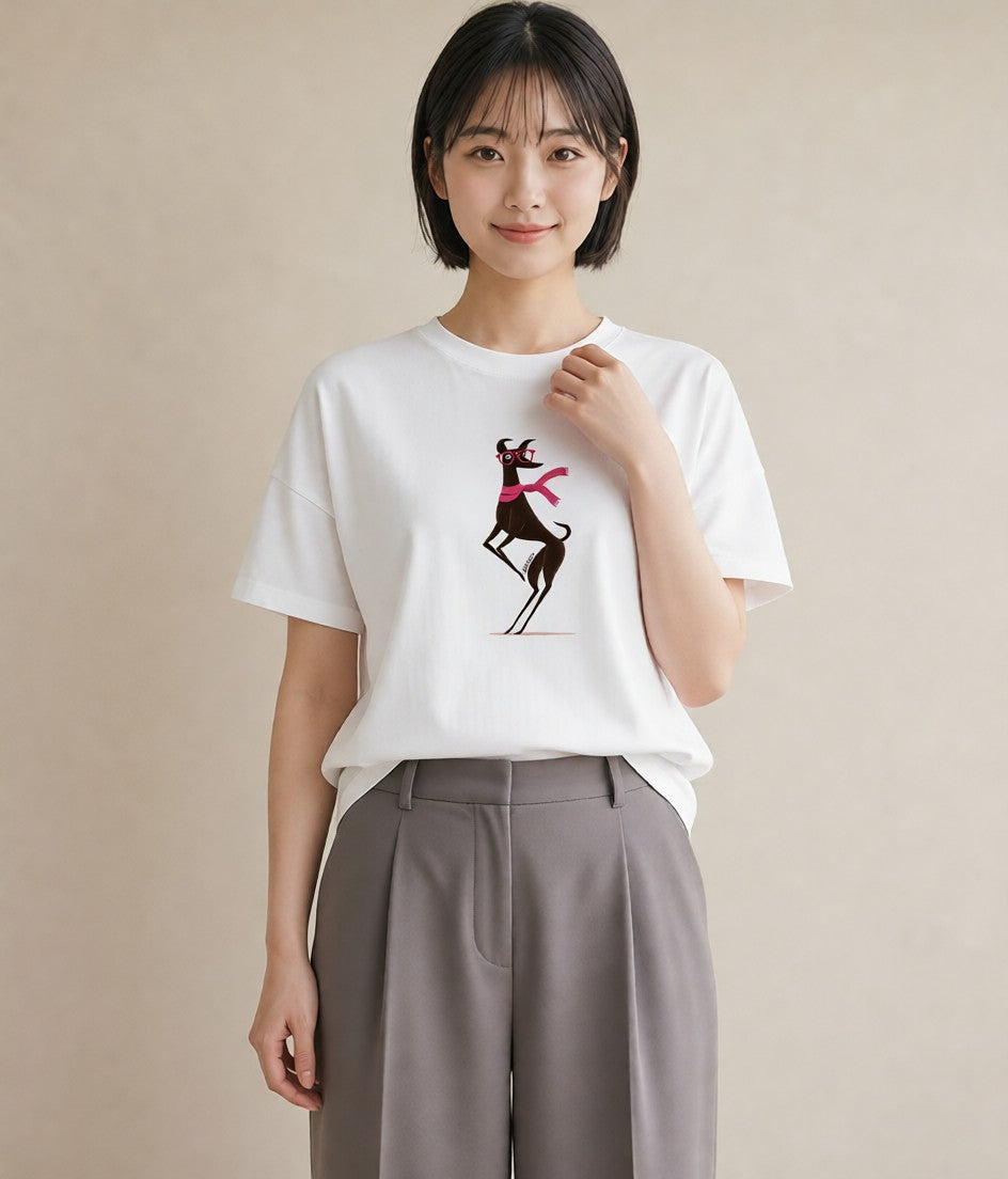 半袖Tシャツ レディース イタリアングレーハウンド 犬 いぬ イラスト きれいめカジュアル カジュアルコーデ 買い物 白T YMAZO