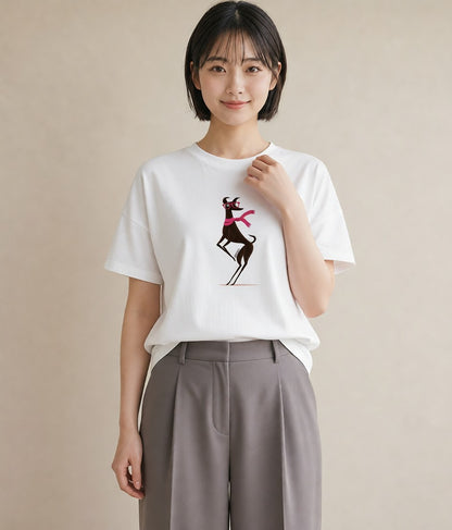 半袖Tシャツ レディース イタリアングレーハウンド 犬 いぬ イラスト きれいめカジュアル カジュアルコーデ 買い物 白T YMAZO