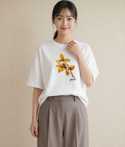 半袖Tシャツ レディース 落ち葉 植物 ボタニカル イラスト こなれ感 ラフ レイヤード 白T YMAZO