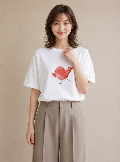 プリントTシャツ レディース 桜文鳥 ペット 動物 イラスト 手描き風 買い物 夏コーデ 白T YMAZO