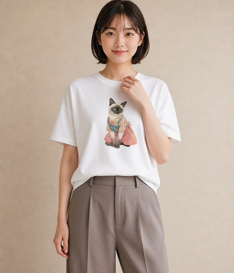 Tシャツ レディース おすわり猫 猫 ねこ イラスト 旅行コーデ ペアコーデ 秋コーデ 白T YMAZO