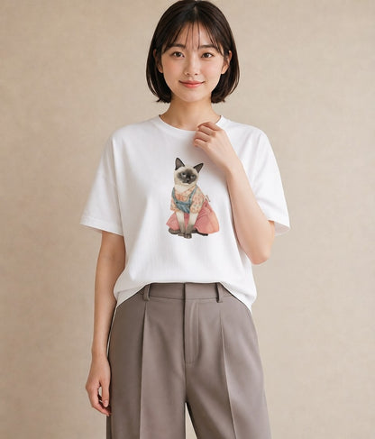 Tシャツ レディース おすわり猫 猫 ねこ イラスト 旅行コーデ ペアコーデ 秋コーデ 白T YMAZO