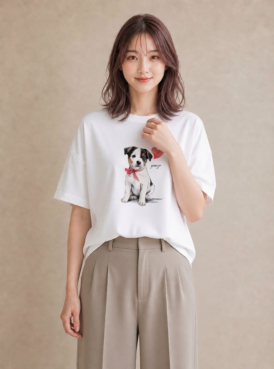 デザインTシャツ レディース ジャックラッセルテリア 犬 いぬ イラスト 可愛い お出かけ 普段着 白T YMAZO